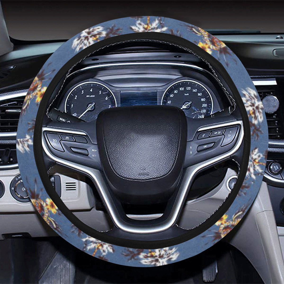 Hawaiian Flower Blue Print Steering Wheel Cover with Elastic Edge