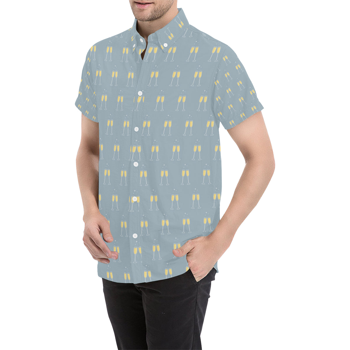 Champagne Pattern Print Design 03 Men's Short Sleeve Button Up Shirt
