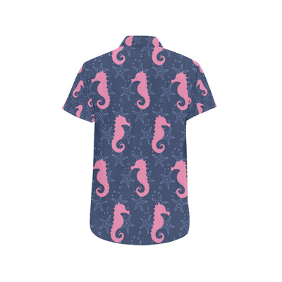 SeaHorse Pink Pattern Print Design 02 Men's Short Sleeve Button Up Shirt