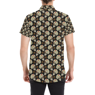 Sugar Skull Flower Design Themed Print Men's Short Sleeve Button Up Shirt