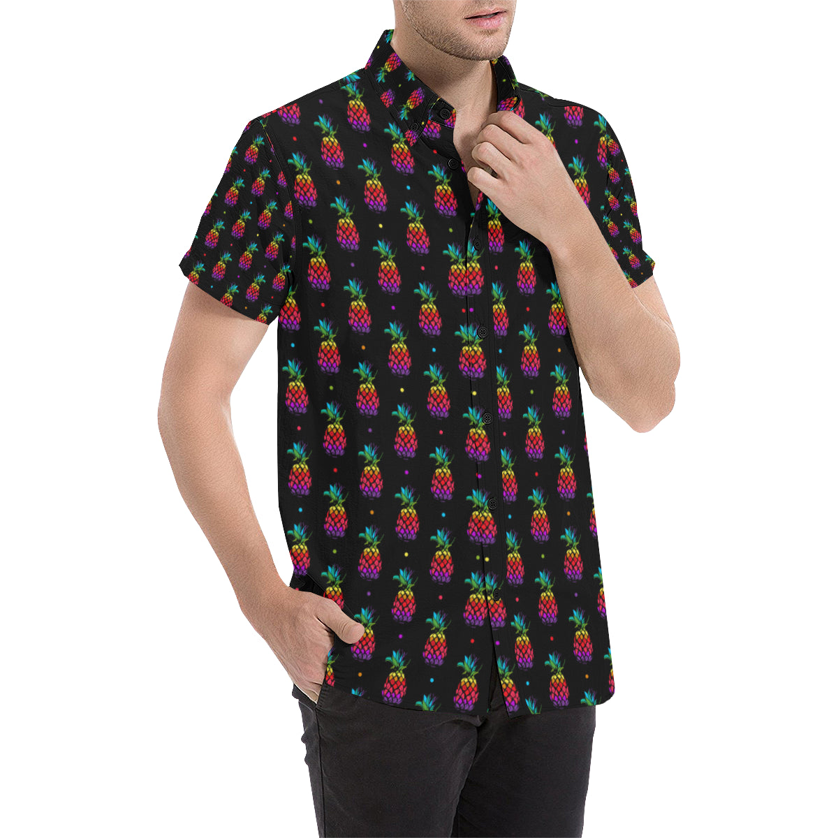 Pineapple Rainbow Dot Print Men's Short Sleeve Button Up Shirt
