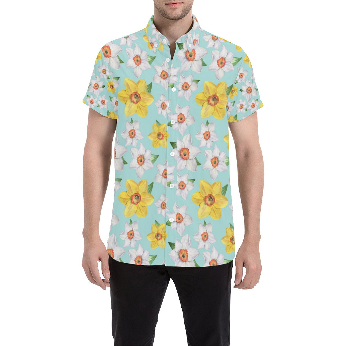 Daffodils Pattern Print Design DF07 Men's Short Sleeve Button Up Shirt