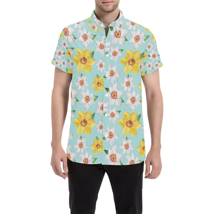 Daffodils Pattern Print Design DF07 Men's Short Sleeve Button Up Shirt
