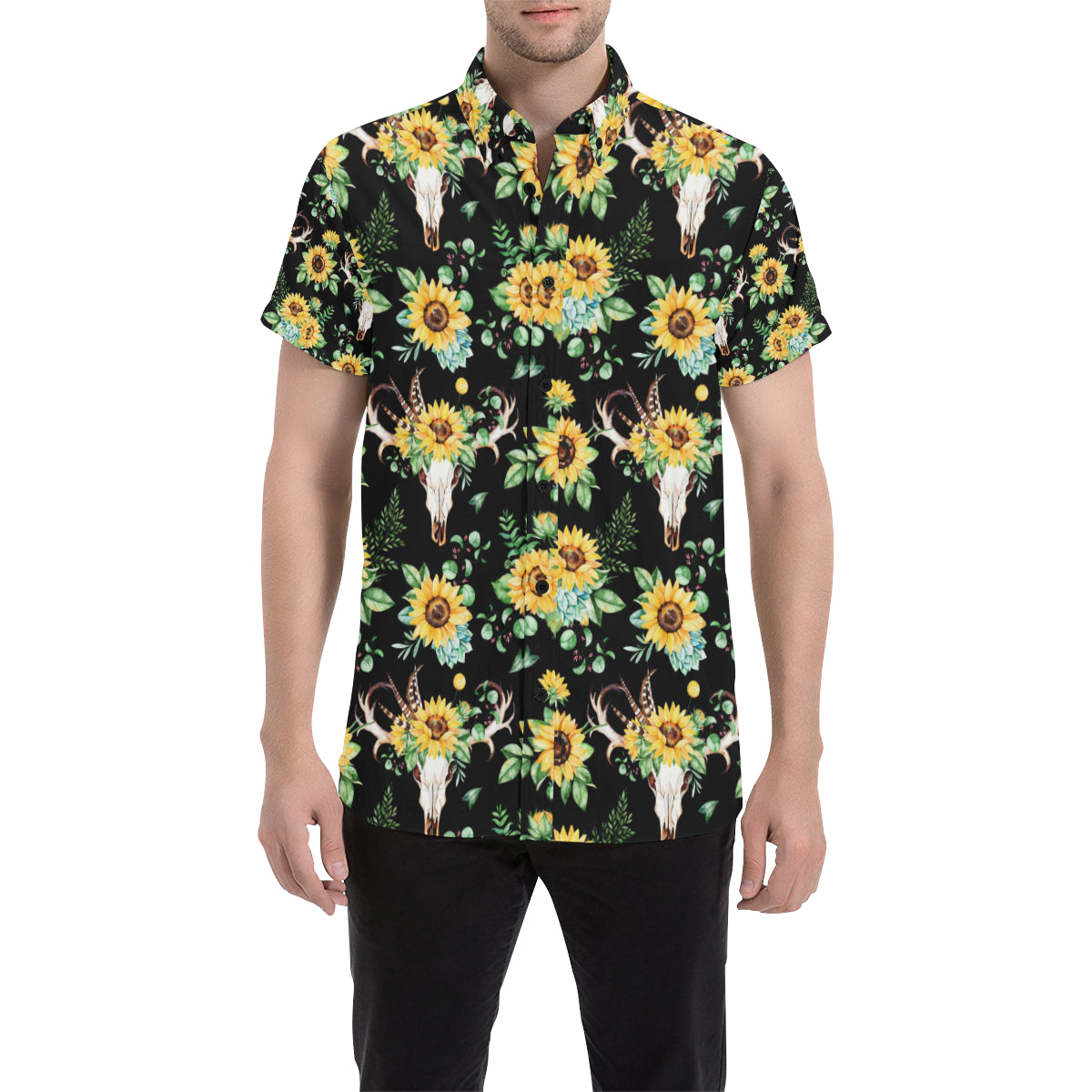 Sunflower Pattern Print Design SF08 Men's Short Sleeve Button Up Shirt
