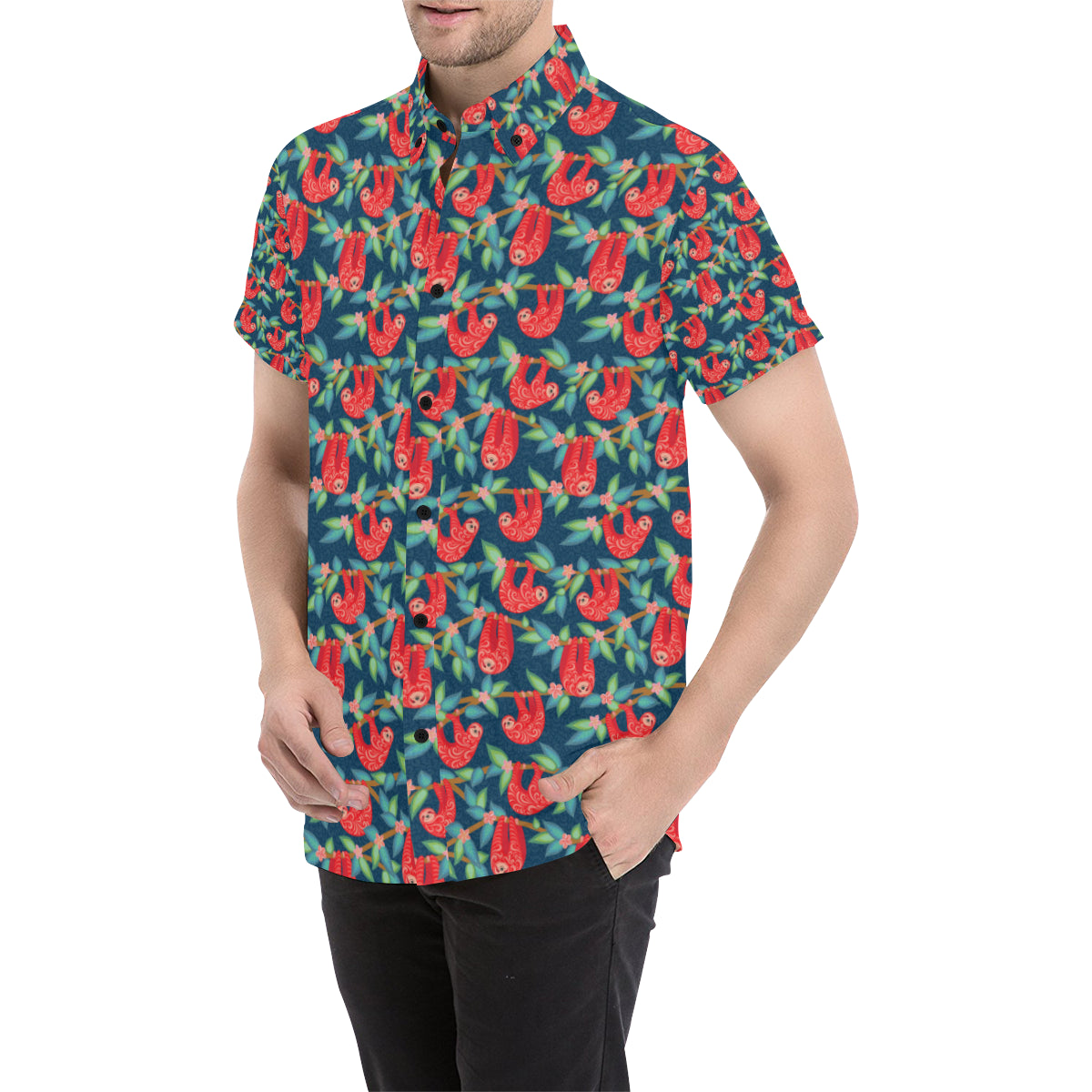 Sloth Red Design Themed Print Men's Short Sleeve Button Up Shirt