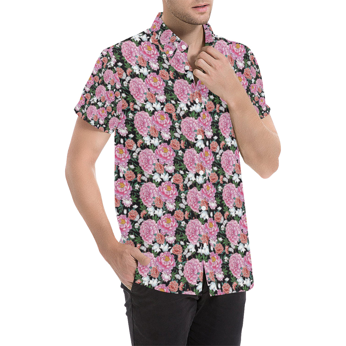 Dahlia Pattern Print Design 02 Men's Short Sleeve Button Up Shirt
