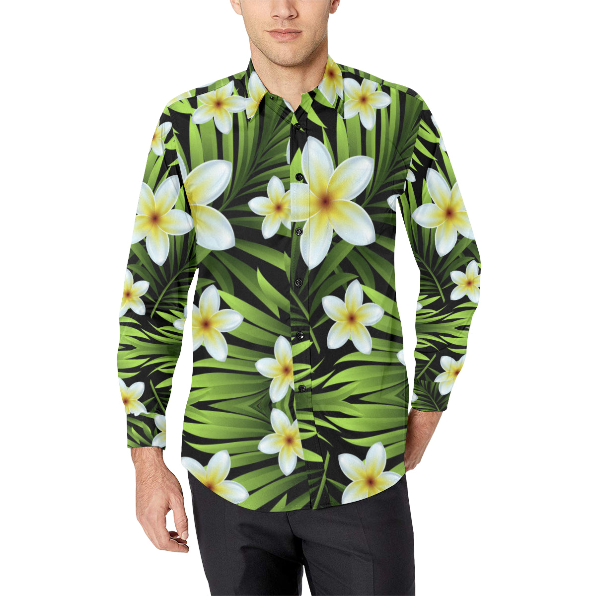 White Plumeria Pattern Print Design PM06 Men's Long Sleeve Shirt
