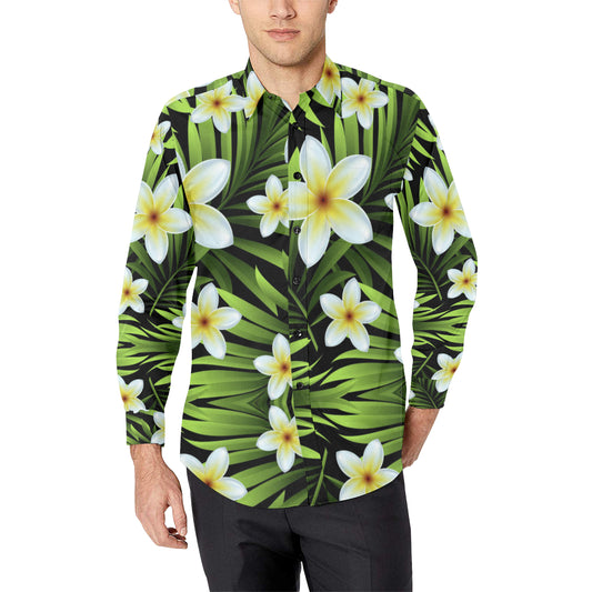 White Plumeria Pattern Print Design PM06 Men's Long Sleeve Shirt