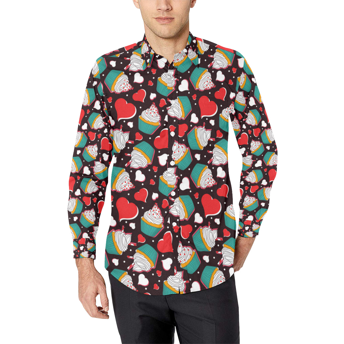 Cupcakes Heart Print Pattern Men's Long Sleeve Shirt