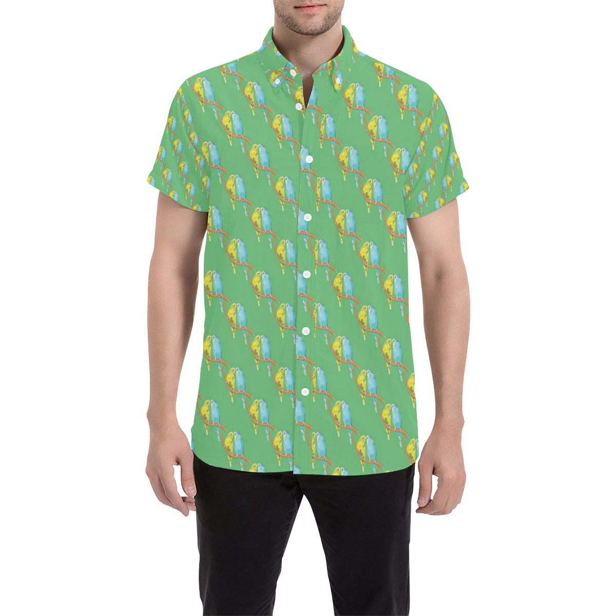 Budgerigar Pattern Print Design 01 Men's Short Sleeve Button Up Shirt