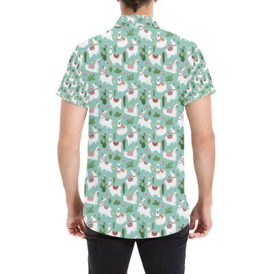 Llama with Cactus Themed Print Men's Short Sleeve Button Up Shirt