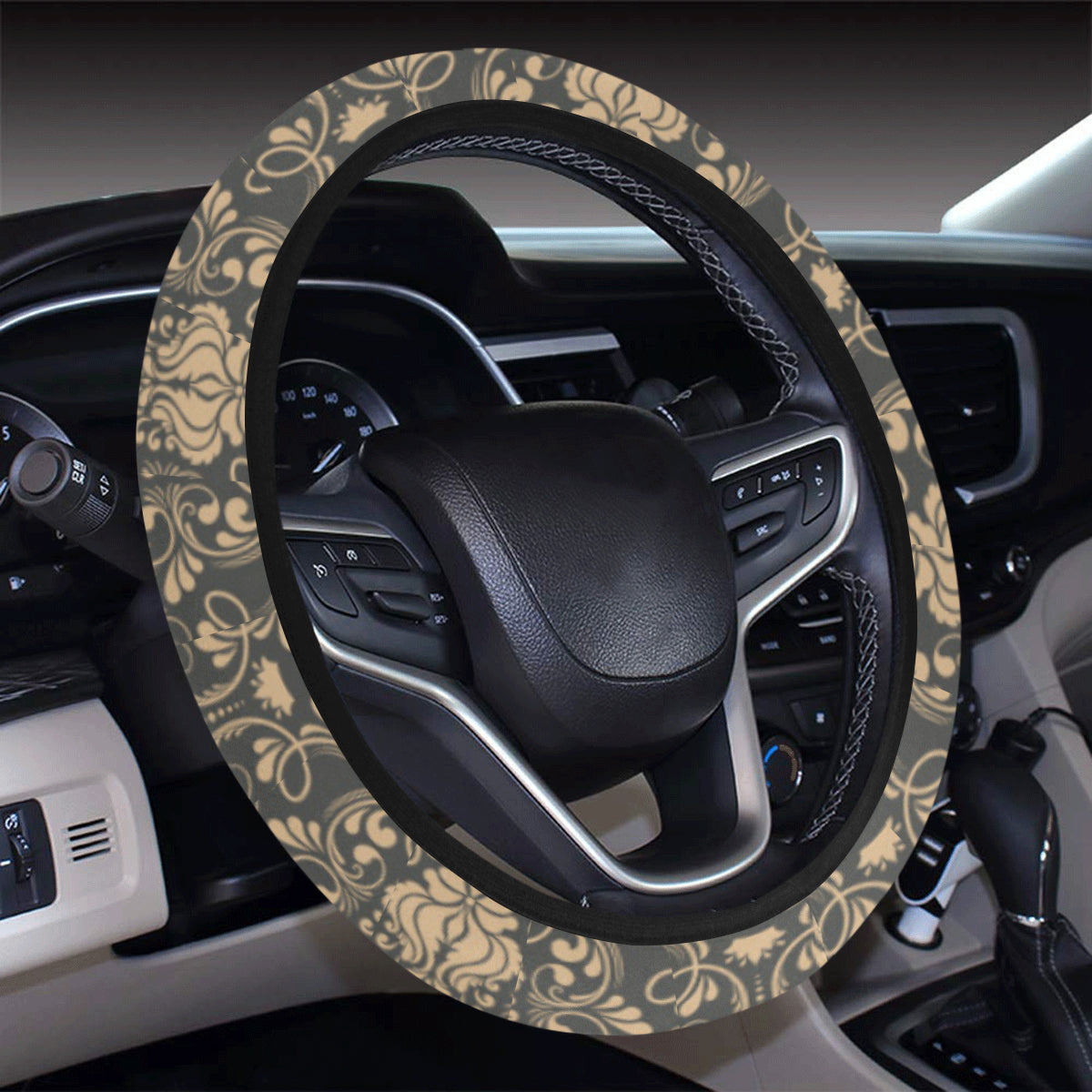 Damask Elegant Luxury Print Pattern Steering Wheel Cover with Elastic Edge