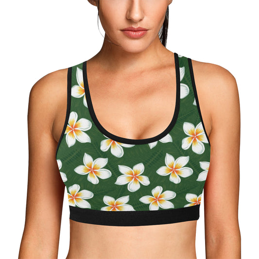 White Plumeria Pattern Print Design PM020 Sports Bra