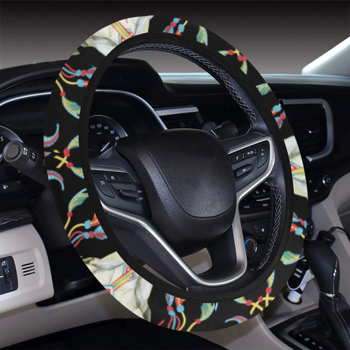 Buffalo Head Boho Style Pattern Print Design 01 Steering Wheel Cover with Elastic Edge