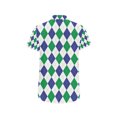 Argyle Green Blue Pattern Print Design 03 Men's Short Sleeve Button Up Shirt