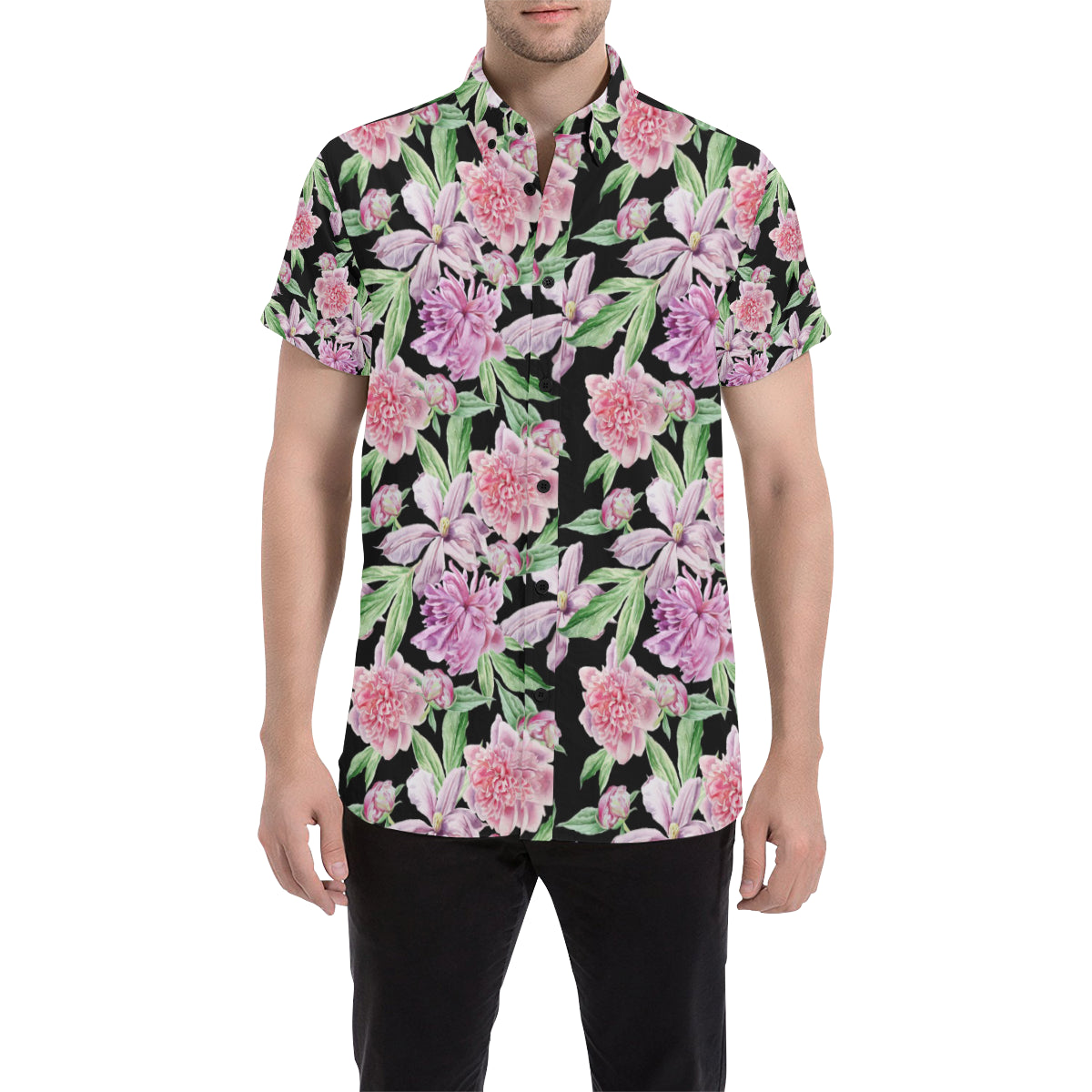 Peony Pattern Print Design PE08 Men's Short Sleeve Button Up Shirt