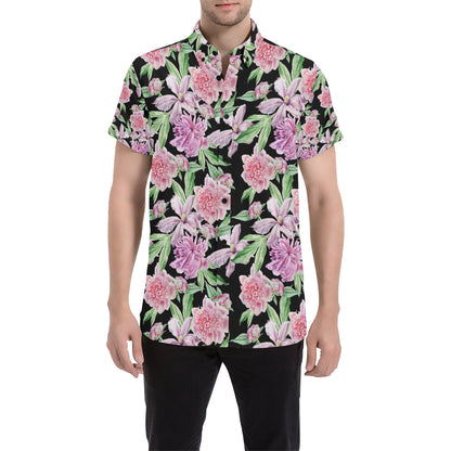 Peony Pattern Print Design PE08 Men's Short Sleeve Button Up Shirt