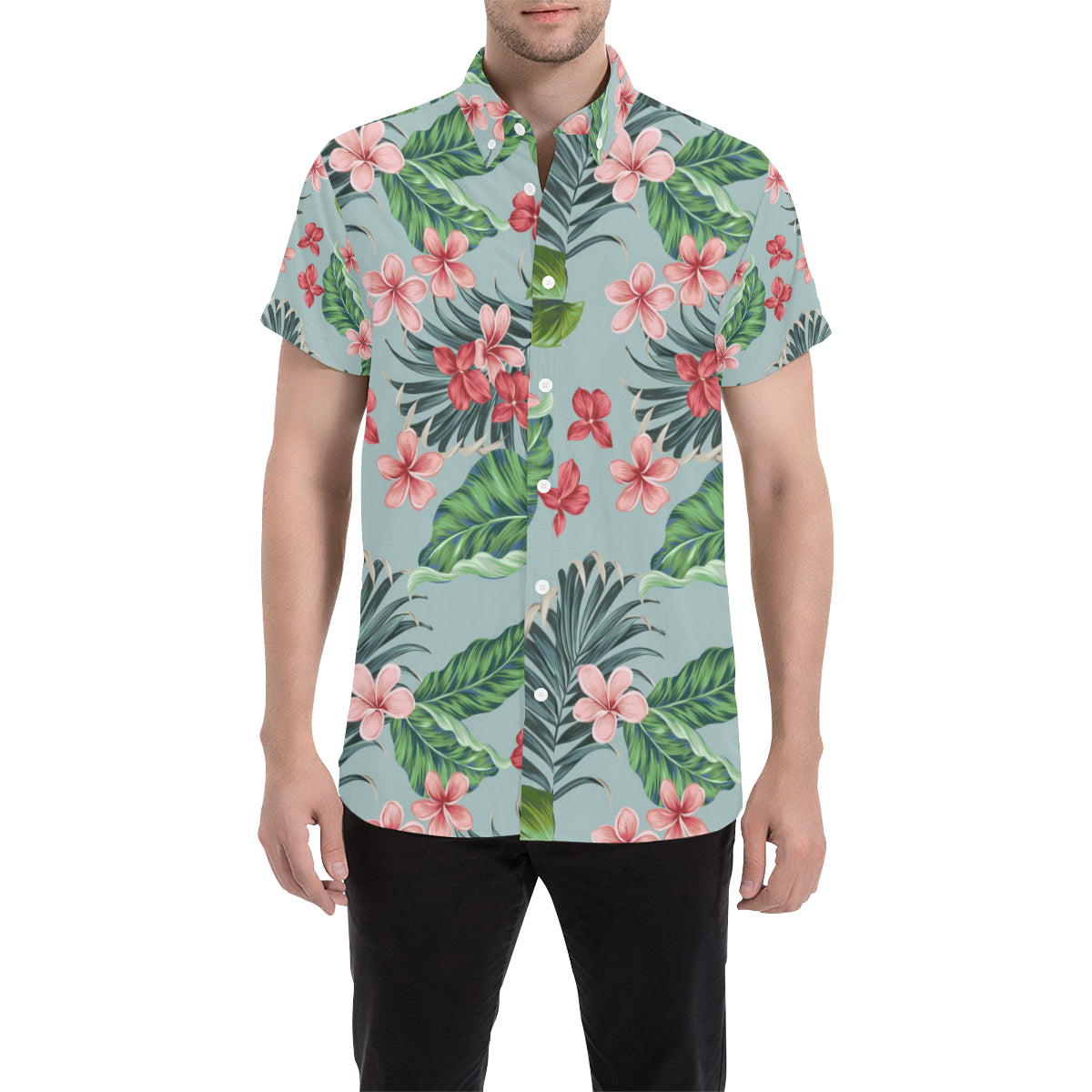 Plumeria Pattern Print Design PM027 Men's Short Sleeve Button Up Shirt