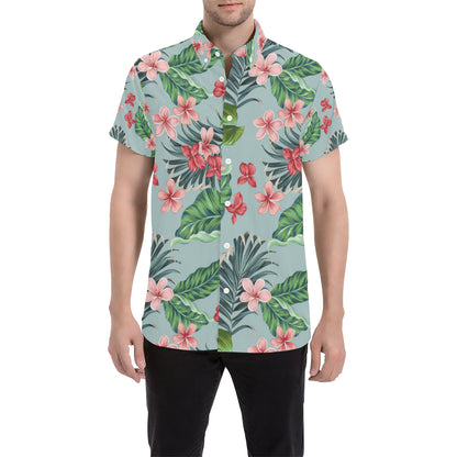 Plumeria Pattern Print Design PM027 Men's Short Sleeve Button Up Shirt