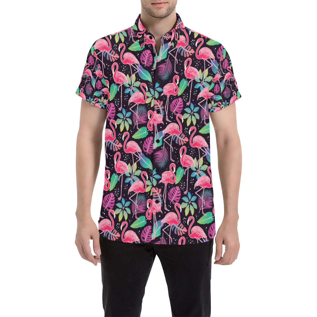 Flamingo Tropical leaves Neon Print Men's Short Sleeve Button Up Shirt