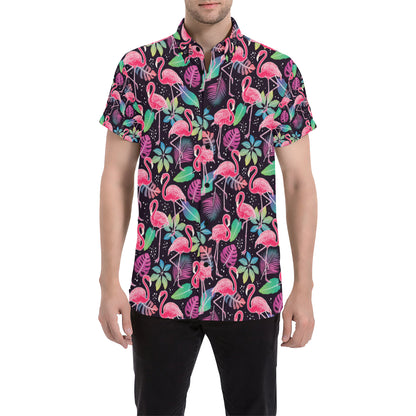 Flamingo Tropical leaves Neon Print Men's Short Sleeve Button Up Shirt