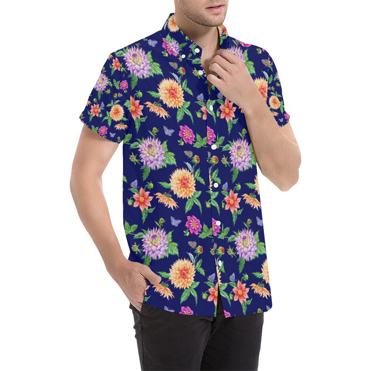 Dahlia Pattern Print Design DH010 Men's Short Sleeve Button Up Shirt
