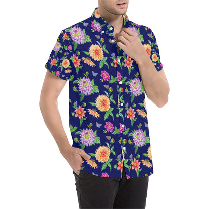 Dahlia Pattern Print Design DH010 Men's Short Sleeve Button Up Shirt