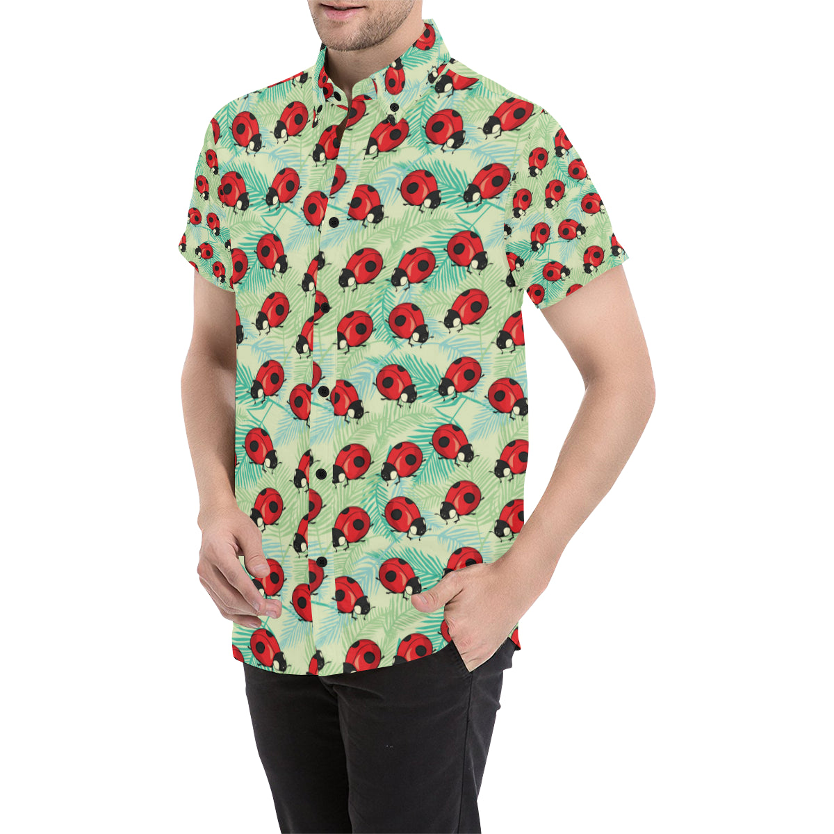 Ladybug Cute Print Pattern Men's Short Sleeve Button Up Shirt