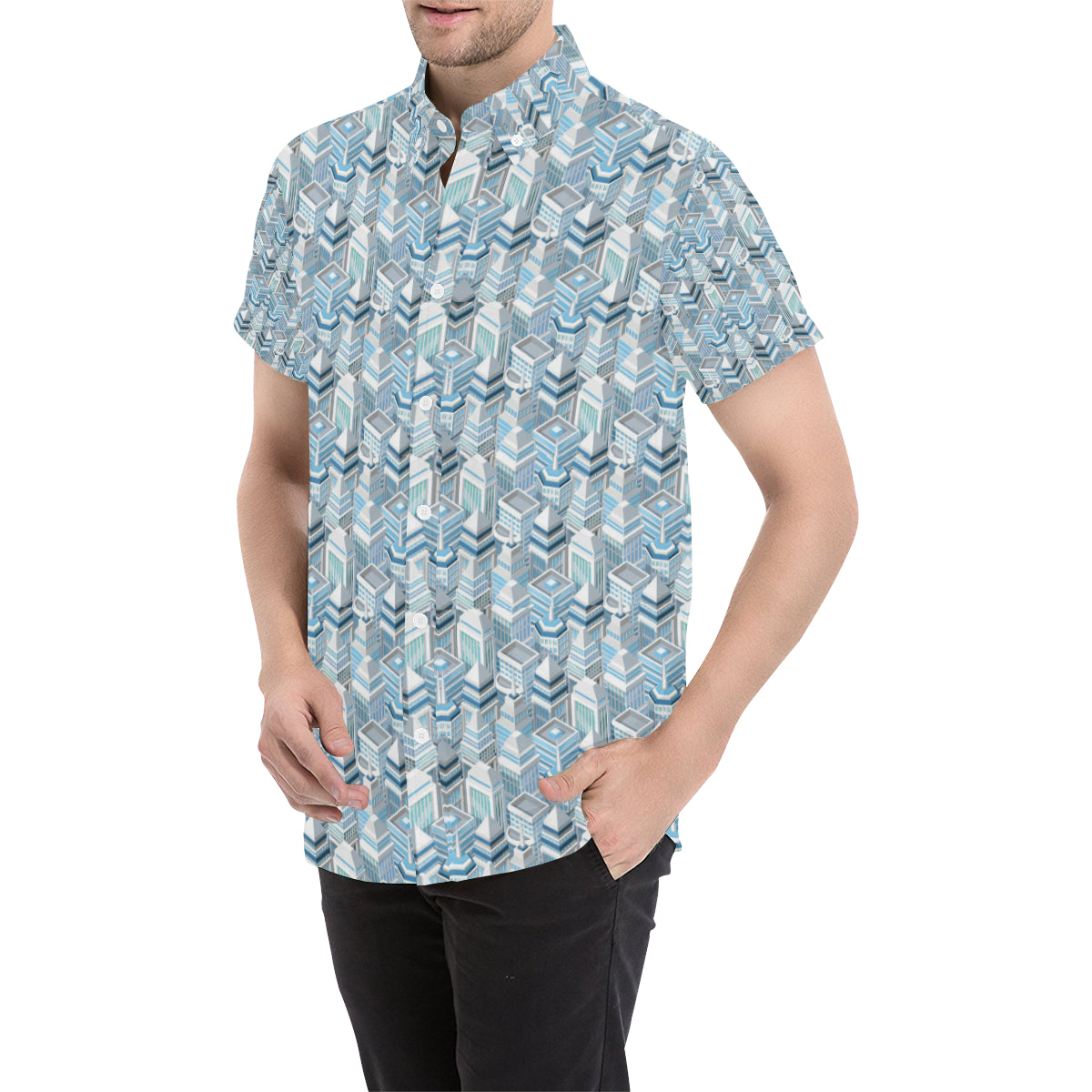 City  Pattern Print Design 03 Men's Short Sleeve Button Up Shirt