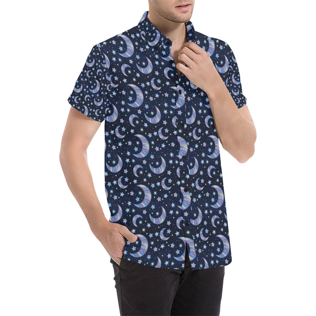 Celestial Moon Pattern Print Design 03 Men's Short Sleeve Button Up Shirt