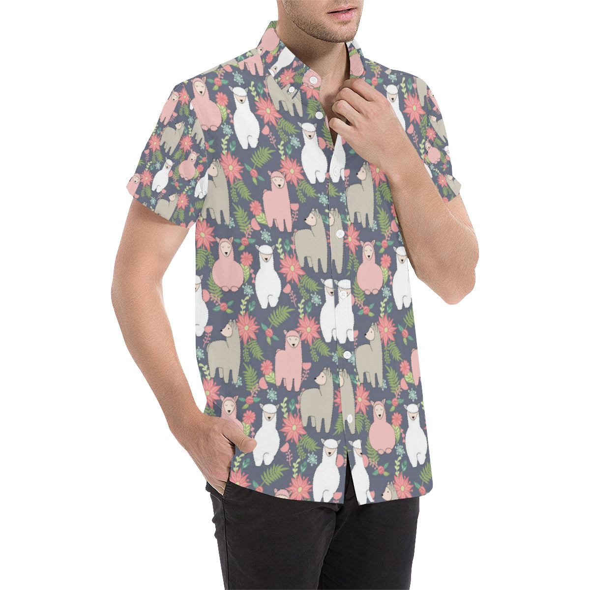 Alpaca Pattern Print Design 03 Men's Short Sleeve Button Up Shirt