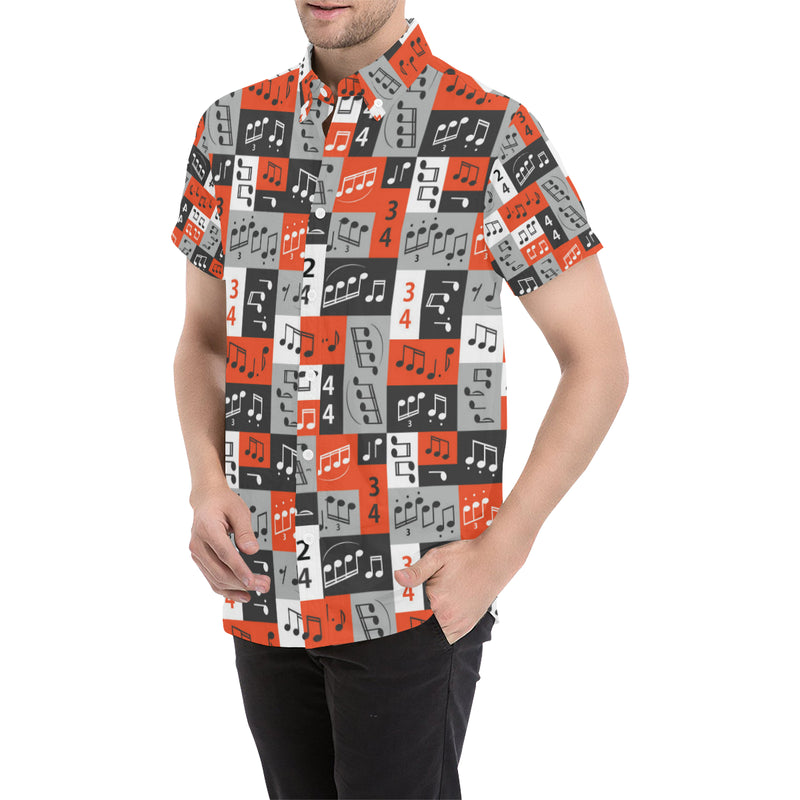 Music Note Design Themed Print Men's Short Sleeve Button Up Shirt