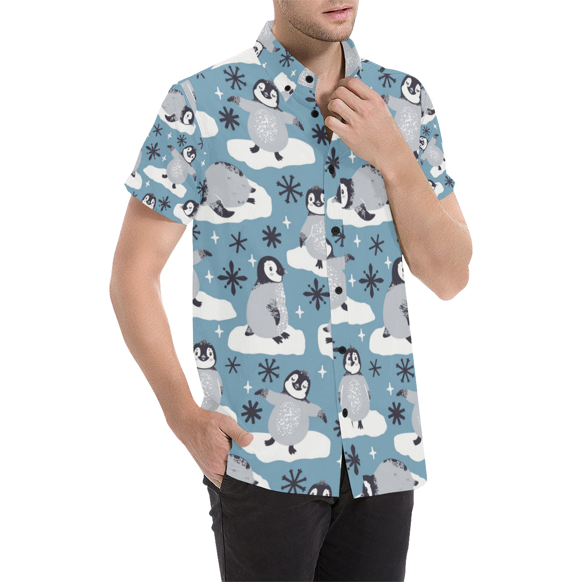 Penguin Pattern Print Design A05 Men's Short Sleeve Button Up Shirt