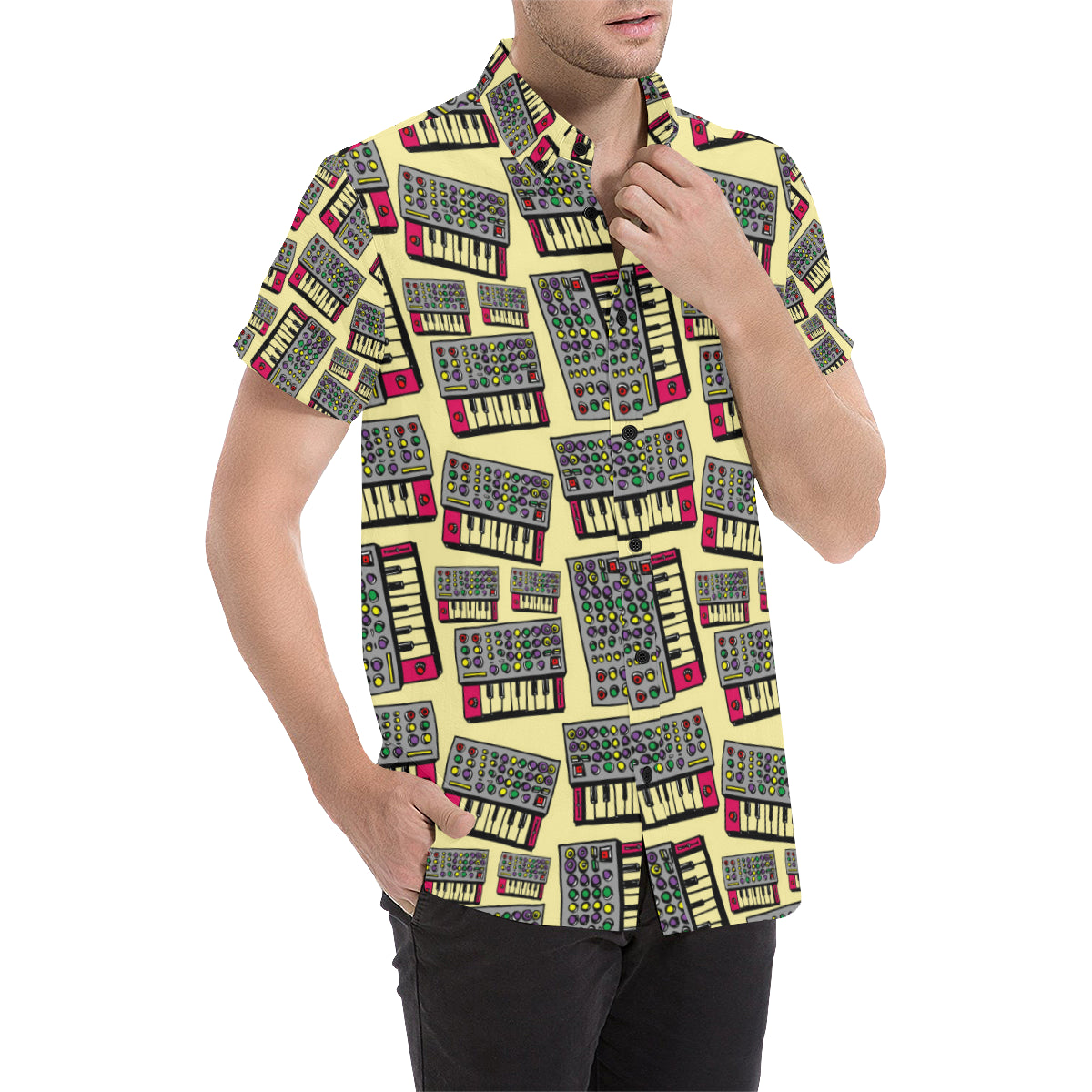 Synthesizer Pattern Print Design 01 Men's Short Sleeve Button Up Shirt
