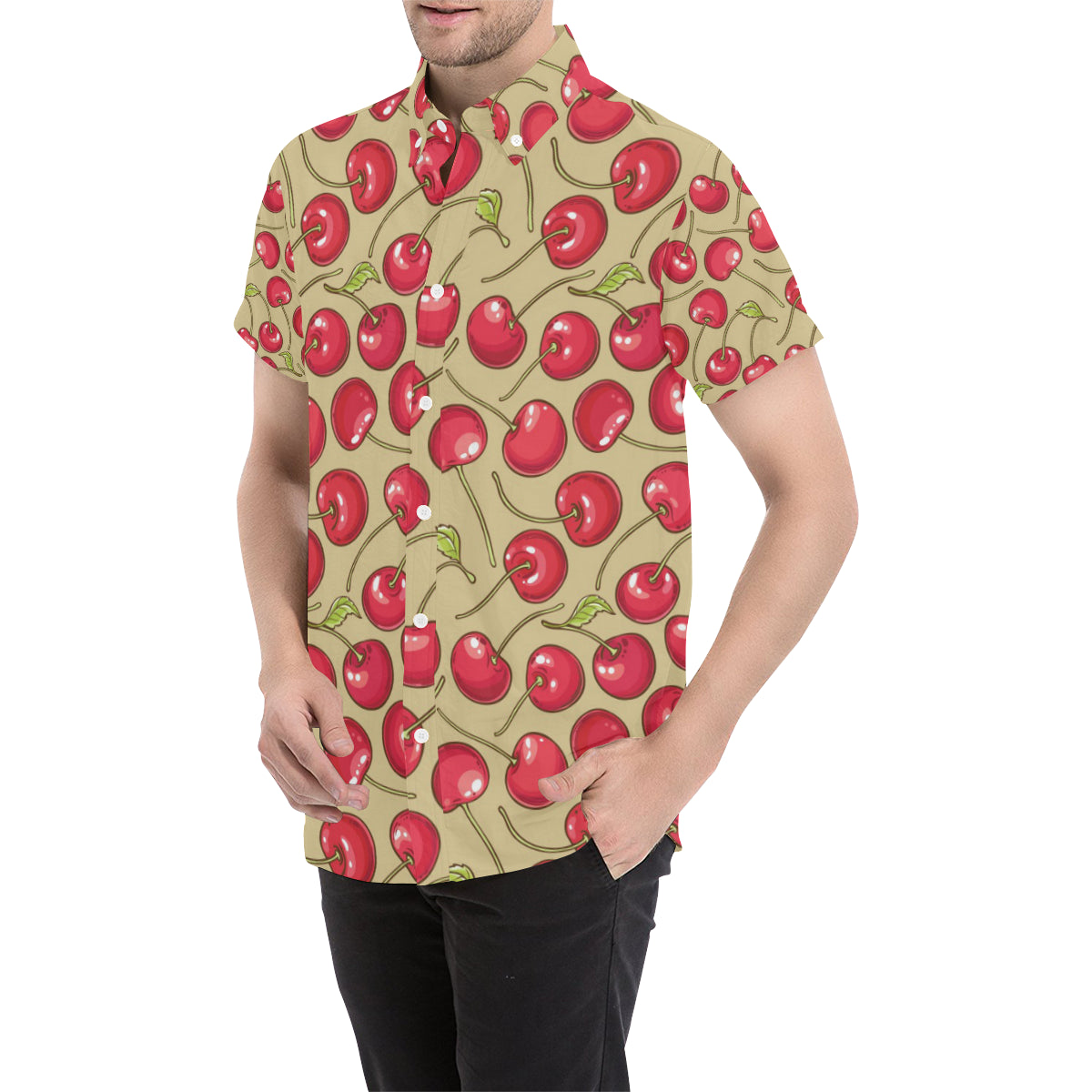 Cherry Pattern Print Design CH05 Men's Short Sleeve Button Up Shirt