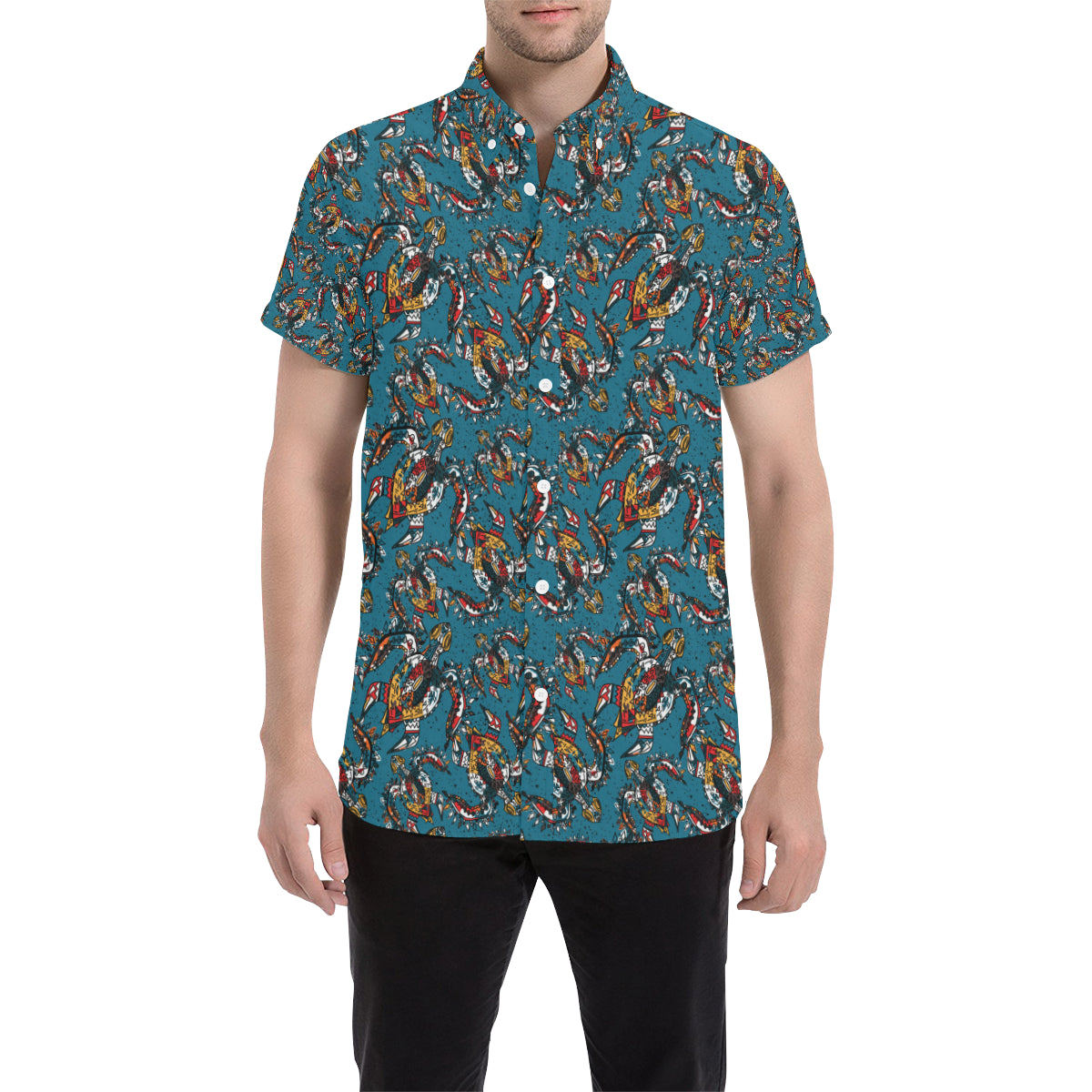 Sea Turtle Tribal Colorful Hand Drawn Men's Short Sleeve Button Up Shirt