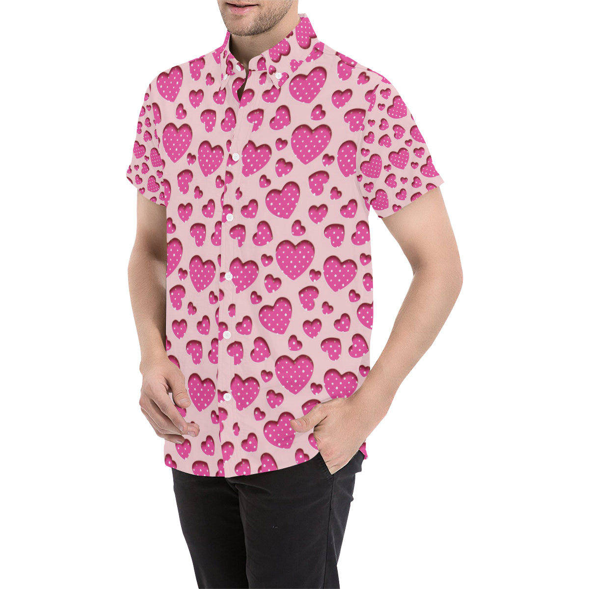 Heart Pink Pattern Print Design HE06 Men's Short Sleeve Button Up Shirt