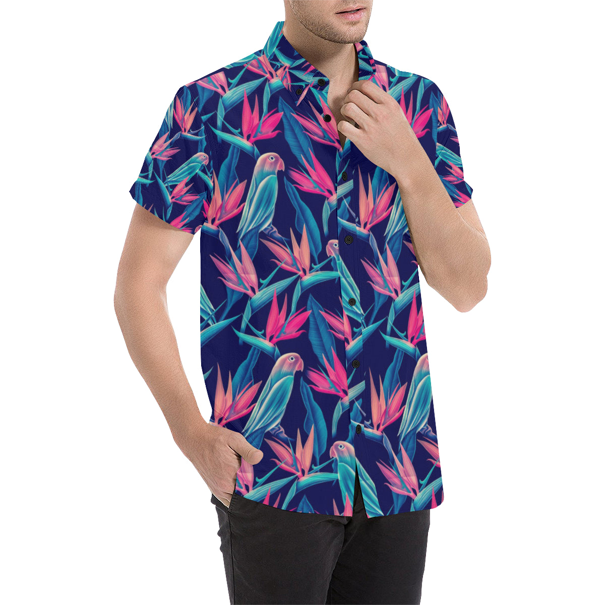 Tropical Flower Pattern Print Design TF024 Men's Short Sleeve Button Up Shirt