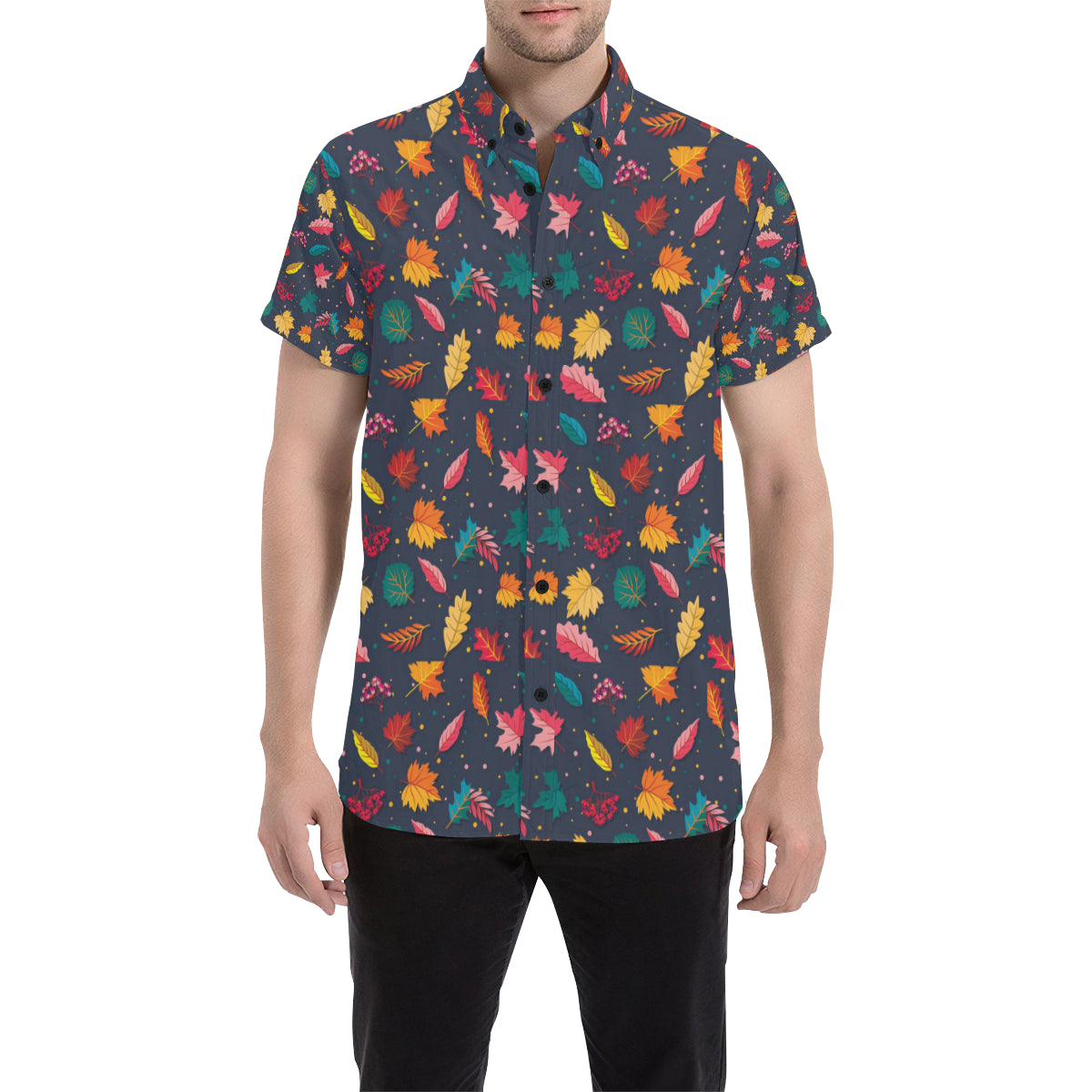 Elm Leave Colorful Print Pattern Men's Short Sleeve Button Up Shirt