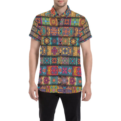 Mandala Style Design Print Men's Short Sleeve Button Up Shirt