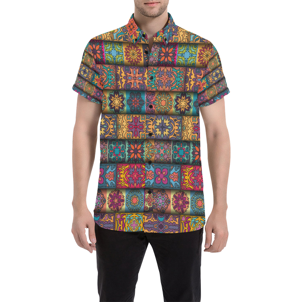 Mandala Style Design Print Men's Short Sleeve Button Up Shirt