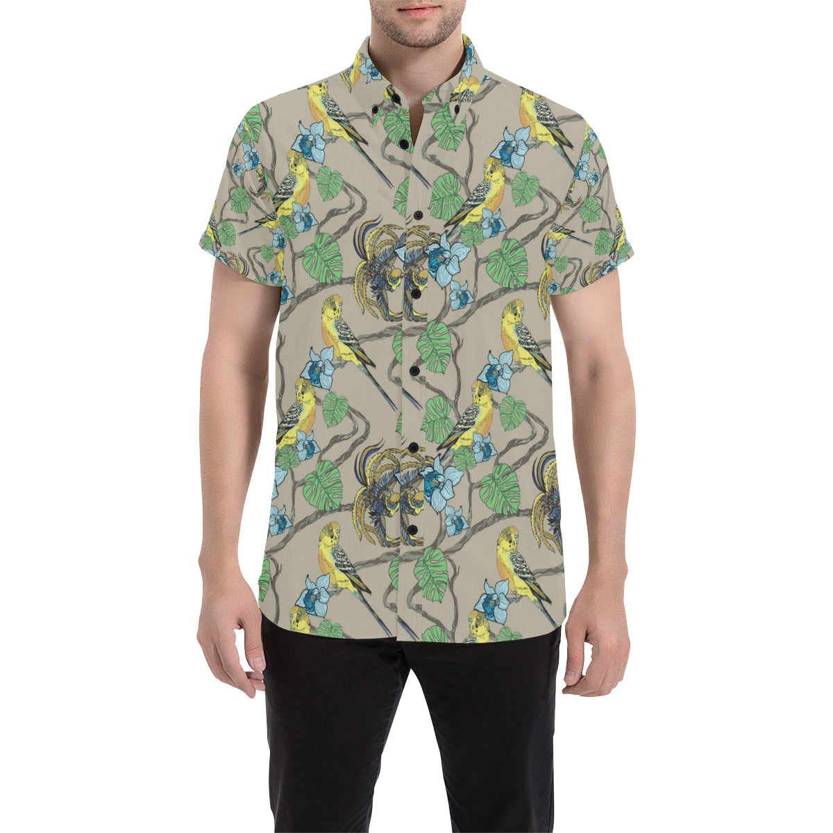 Parakeet Pattern Print Design A02 Men's Short Sleeve Button Up Shirt