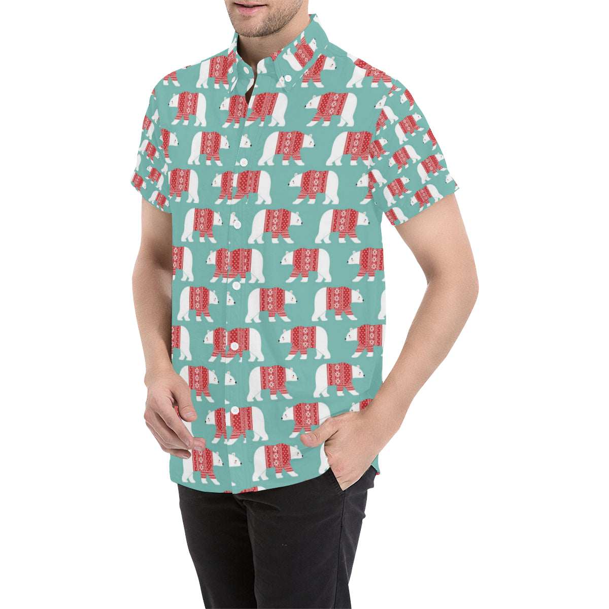 Polar Bear Pattern Print Design A04 Men's Short Sleeve Button Up Shirt