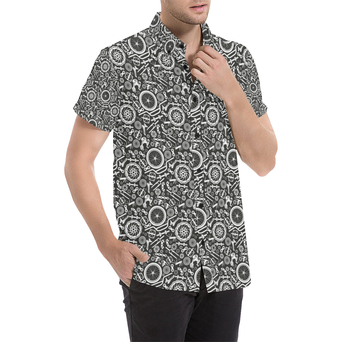 Bicycle Tools Pattern Print Design 02 Men's Short Sleeve Button Up Shirt