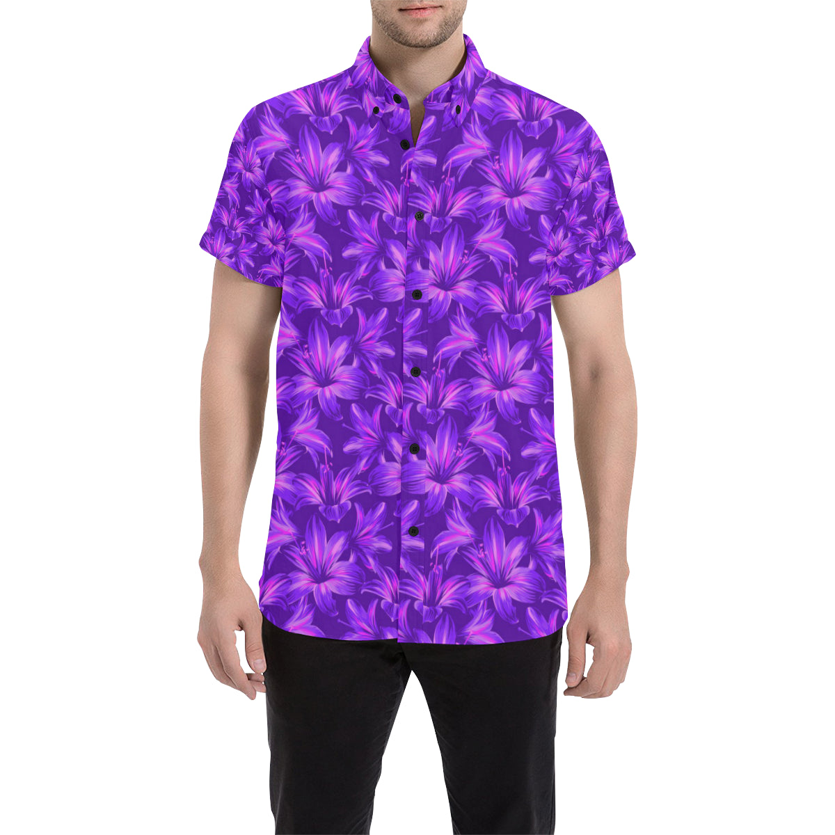 Amaryllis Pattern Print Design AL03 Men's Short Sleeve Button Up Shirt