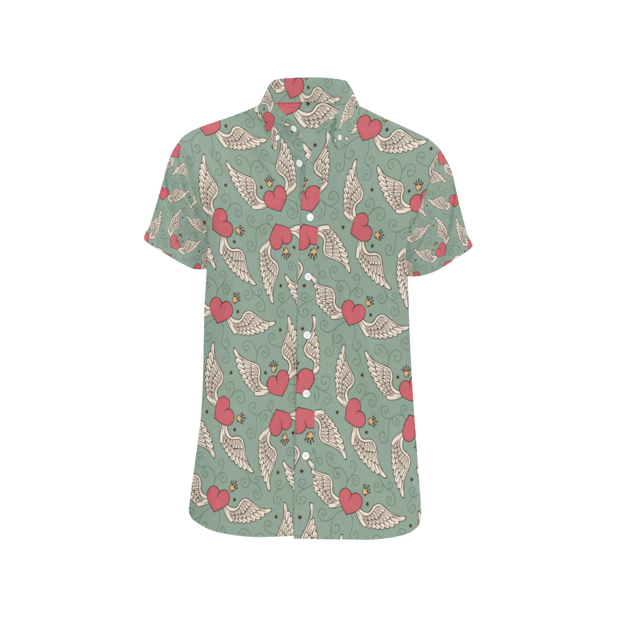 Angel Wings Heart Design Themed Print Men's Short Sleeve Button Up Shirt