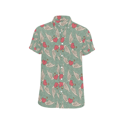 Angel Wings Heart Design Themed Print Men's Short Sleeve Button Up Shirt