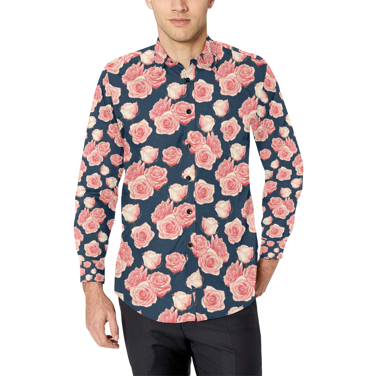 Rose Pattern Print Design A03 Men's Long Sleeve Shirt