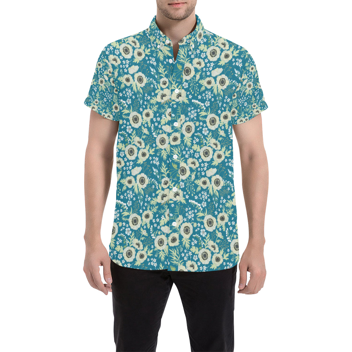Anemone Pattern Print Design 01 Men's Short Sleeve Button Up Shirt