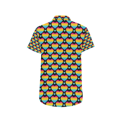 Rainbow Heart Print Pattern Men's Short Sleeve Button Up Shirt